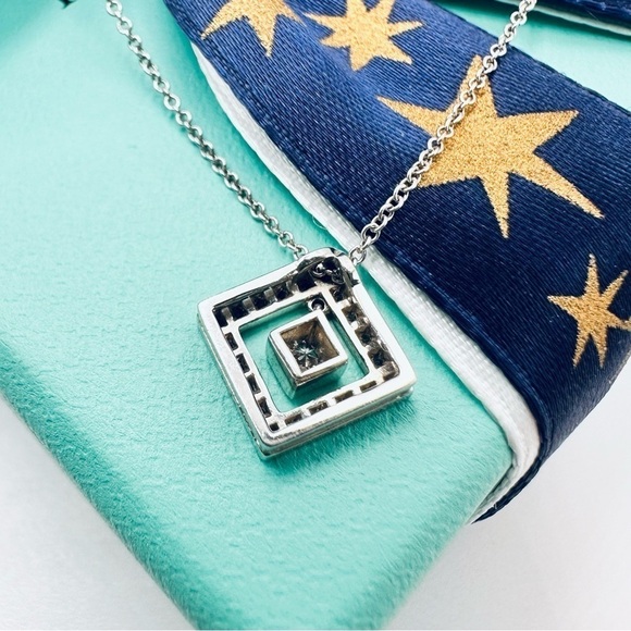 RARE Tiffany & Co. .26 TCW Diamond Open Square Necklace in Platinum w Packaging - Picture 5 of 11